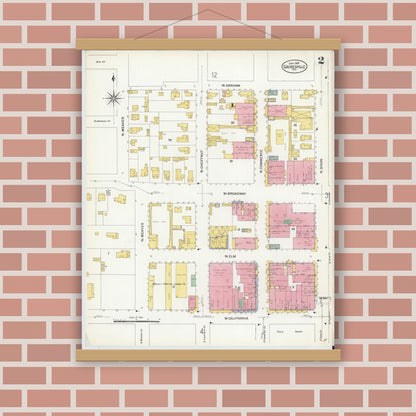 Old map wall art mockup — magnetic wood frame on brick wall — Sanborn Fire Insurance Map from Gainesville, Cooke County, Texas (1908), Sheet #0002