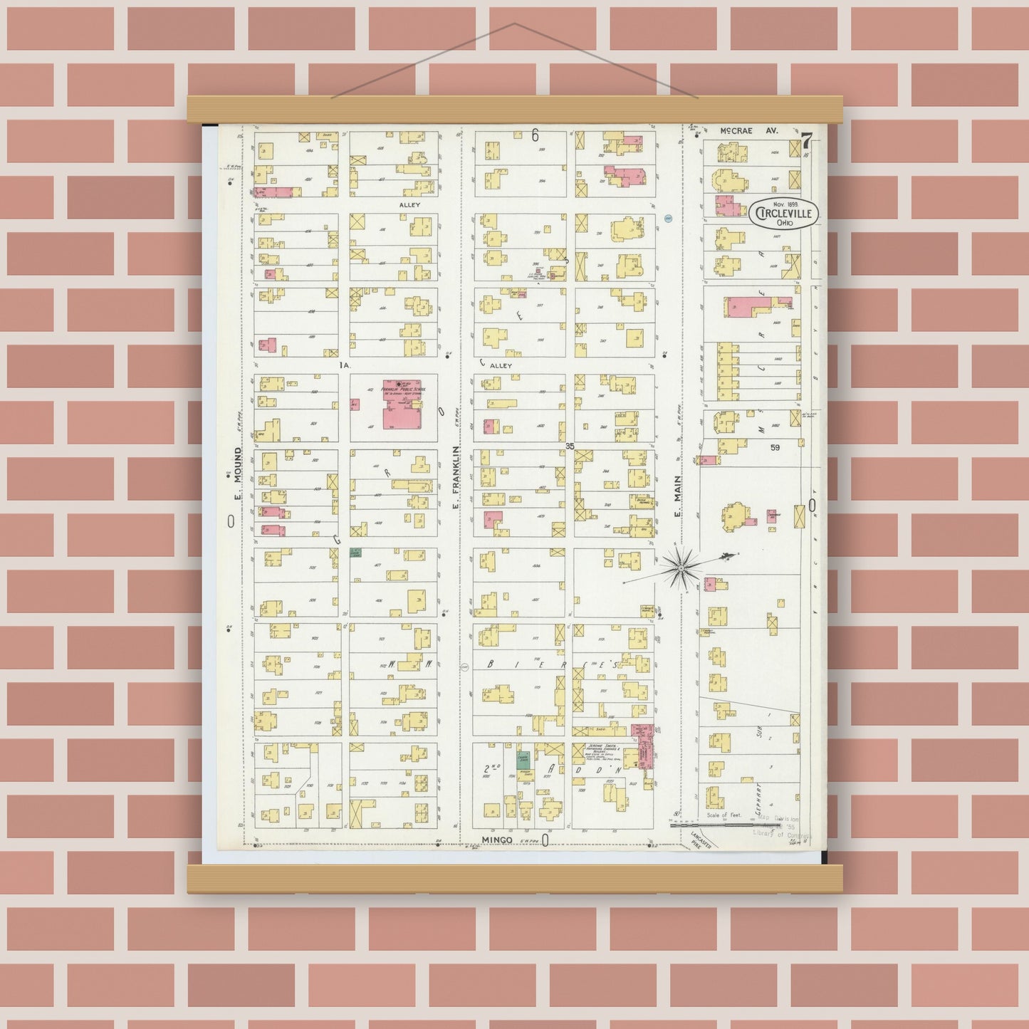 Old map wall art mockup — magnetic wood frame on brick wall — Sanborn Fire Insurance Map from Circleville, Pickaway County, Ohio (1899), Sheet #0007