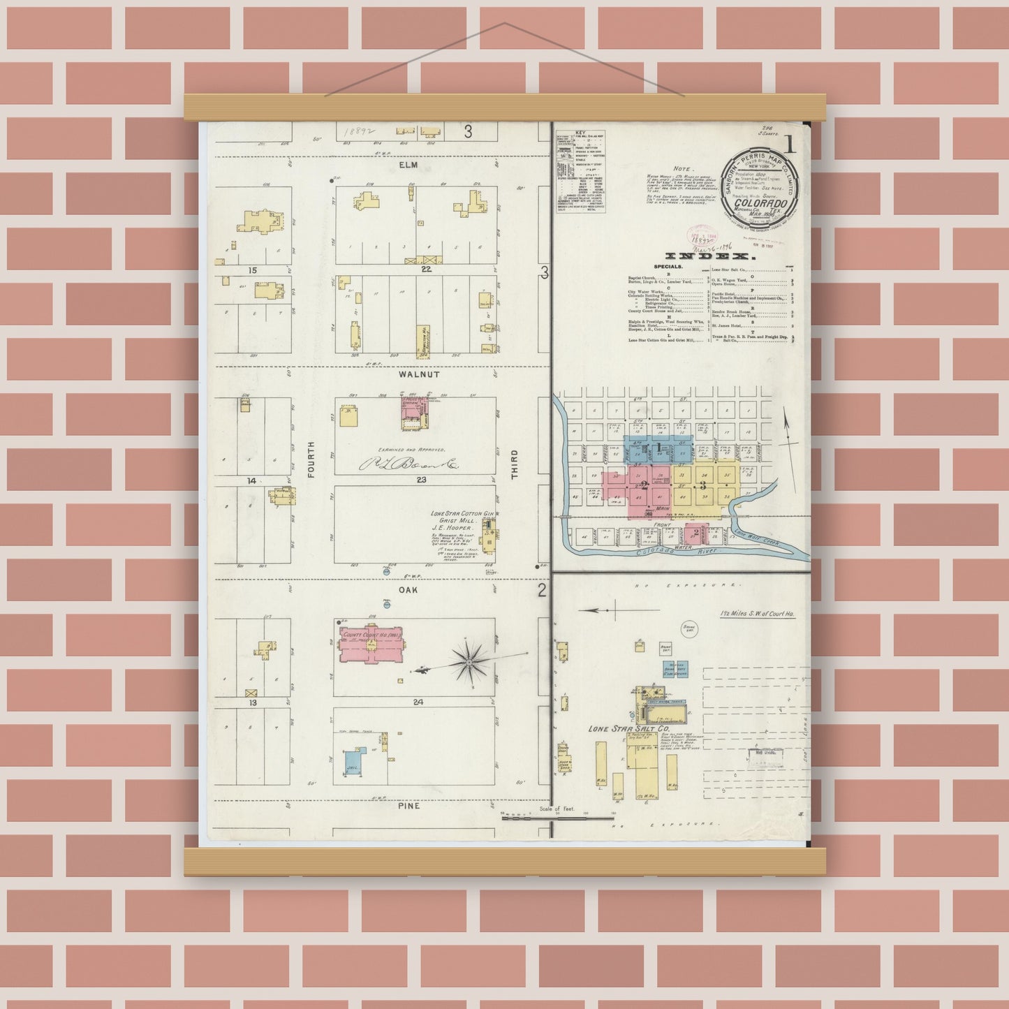 Old map wall art mockup — magnetic wood frame on brick wall — Sanborn Fire Insurance Map from Colorado, Mitchell County, Texas (1896), Sheet #0001