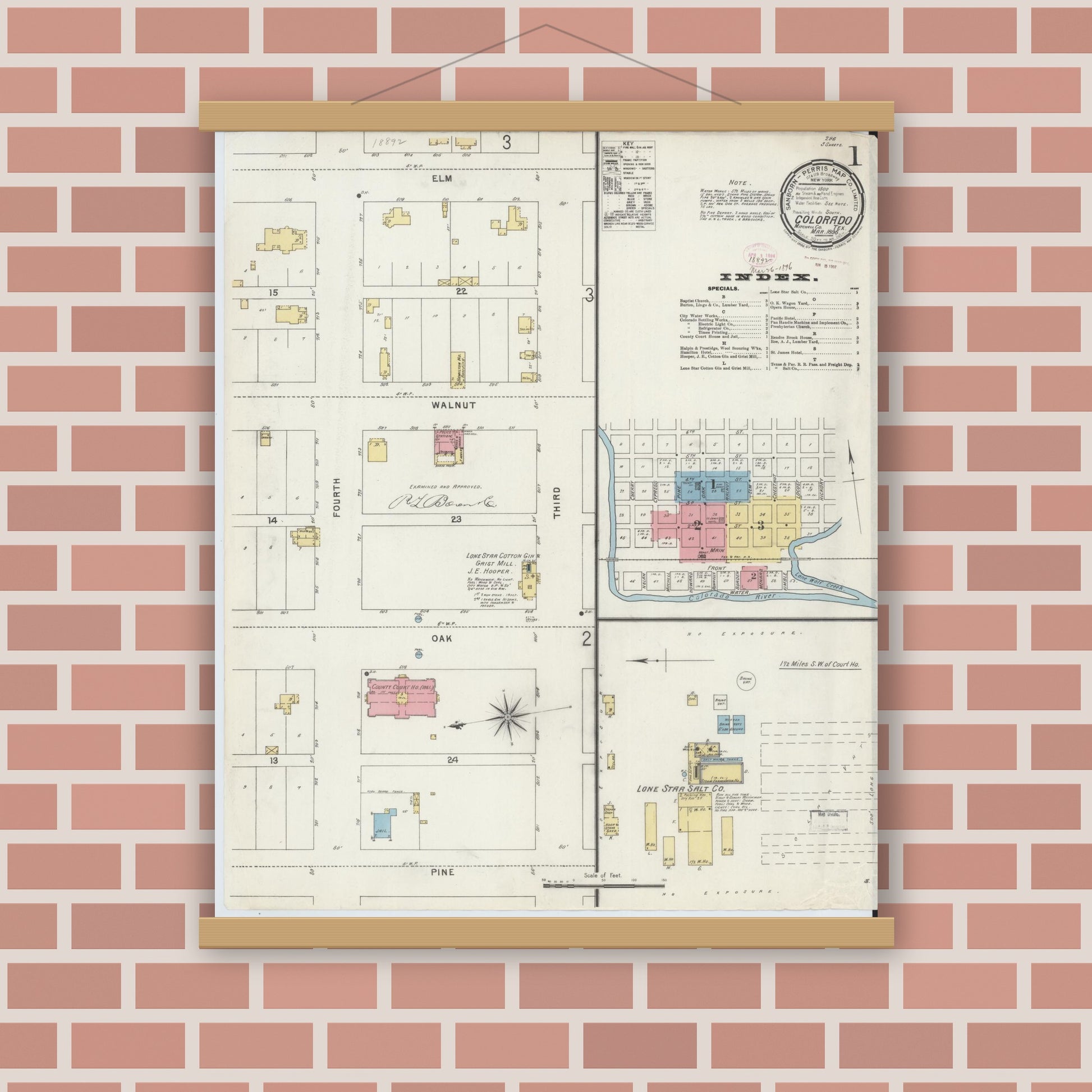 Old map wall art mockup — magnetic wood frame on brick wall — Sanborn Fire Insurance Map from Colorado, Mitchell County, Texas (1896), Sheet #0001
