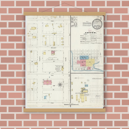 Old map wall art mockup — magnetic wood frame on brick wall — Sanborn Fire Insurance Map from Colorado, Mitchell County, Texas (1896), Sheet #0001