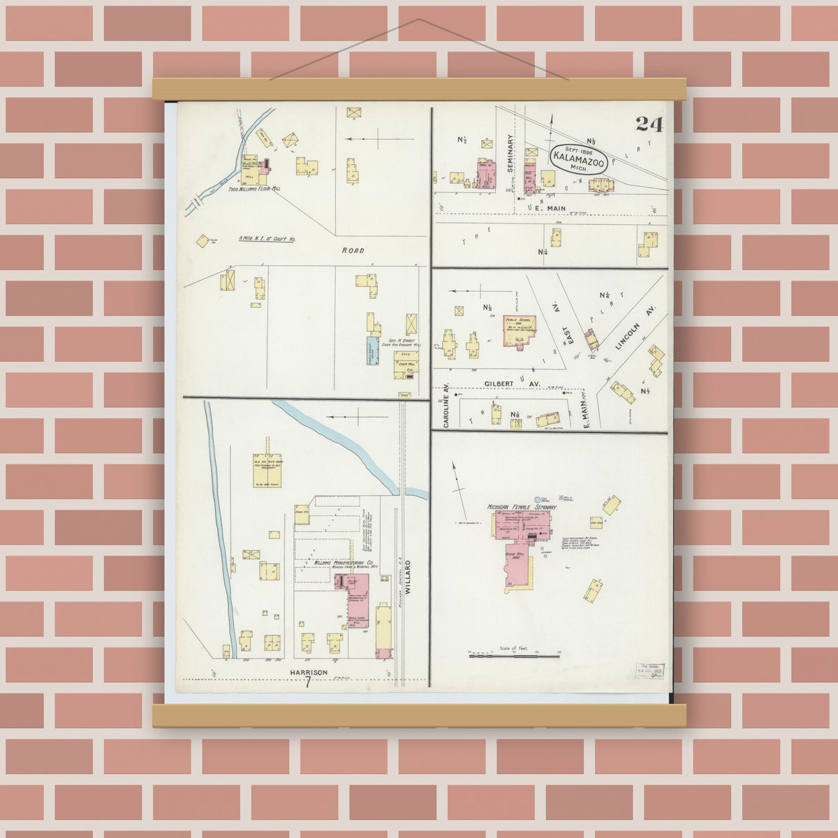 Old map wall art mockup — magnetic wood frame on brick wall — Sanborn Fire Insurance Map from Kalamazoo, Kalamazoo County, Michigan (1896), Sheet #0024