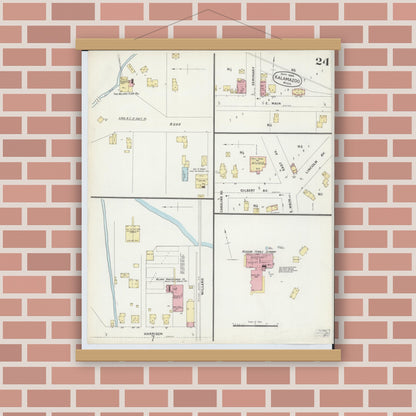 Old map wall art mockup — magnetic wood frame on brick wall — Sanborn Fire Insurance Map from Kalamazoo, Kalamazoo County, Michigan (1896), Sheet #0024