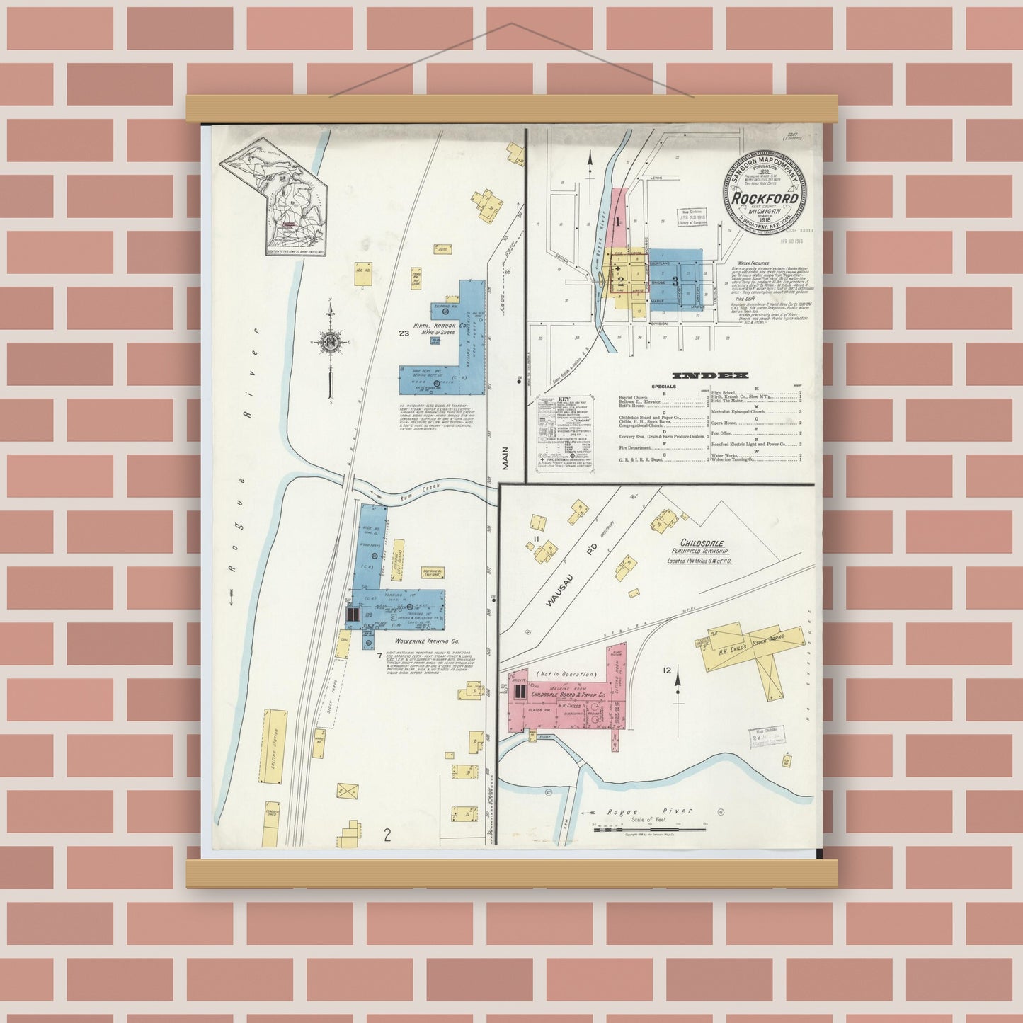 Old map wall art mockup — magnetic wood frame on brick wall — Sanborn Fire Insurance Map from Rockford, Kent County, Michigan (1918) - Complete Map Set