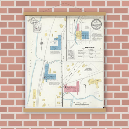 Old map wall art mockup — magnetic wood frame on brick wall — Sanborn Fire Insurance Map from Rockford, Kent County, Michigan (1918) - Complete Map Set