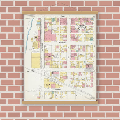 Old map wall art mockup — magnetic wood frame on brick wall — Sanborn Fire Insurance Map from Aurora, Dearborn County, Indiana (1892), Sheet #0002