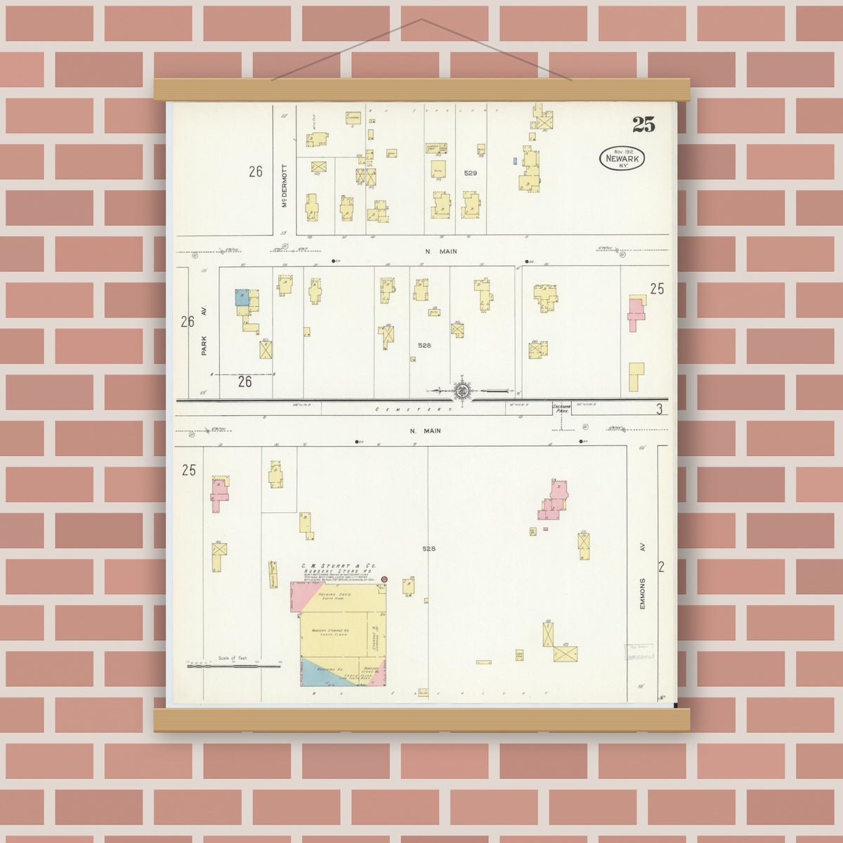 Old map wall art mockup — magnetic wood frame on brick wall — Sanborn Fire Insurance Map from Newark, Wayne County, New York (1912), Sheet #0025