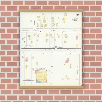 Old map wall art mockup — magnetic wood frame on brick wall — Sanborn Fire Insurance Map from Newark, Wayne County, New York (1912), Sheet #0025