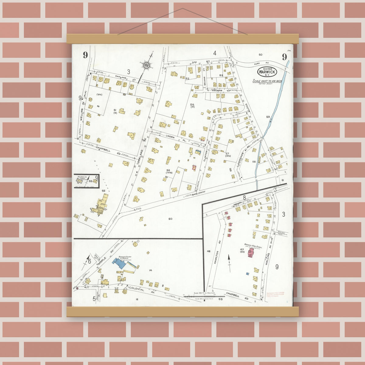 Old map wall art mockup — magnetic wood frame on brick wall — Sanborn Fire Insurance Map from Warwick, Orange County, New York (1923), Sheet #0009