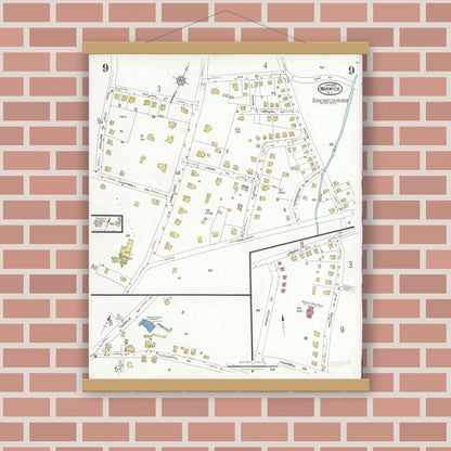 Old map wall art mockup — magnetic wood frame on brick wall — Sanborn Fire Insurance Map from Warwick, Orange County, New York (1923), Sheet #0009