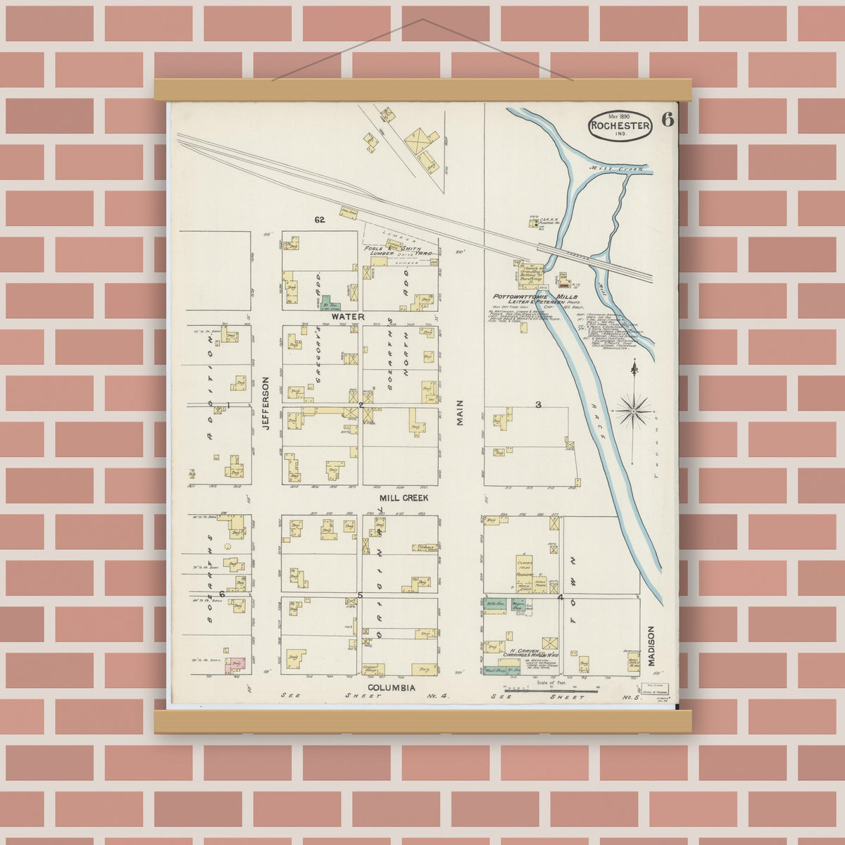 Old map wall art mockup — magnetic wood frame on brick wall — Sanborn Fire Insurance Map from Rochester, Fulton County, Indiana (1890), Sheet #0006