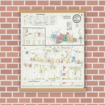 Old map wall art mockup — magnetic wood frame on brick wall — Sanborn Fire Insurance Map from Mount Joy, Lancaster County, Pennsylvania (1896), Sheet #0001