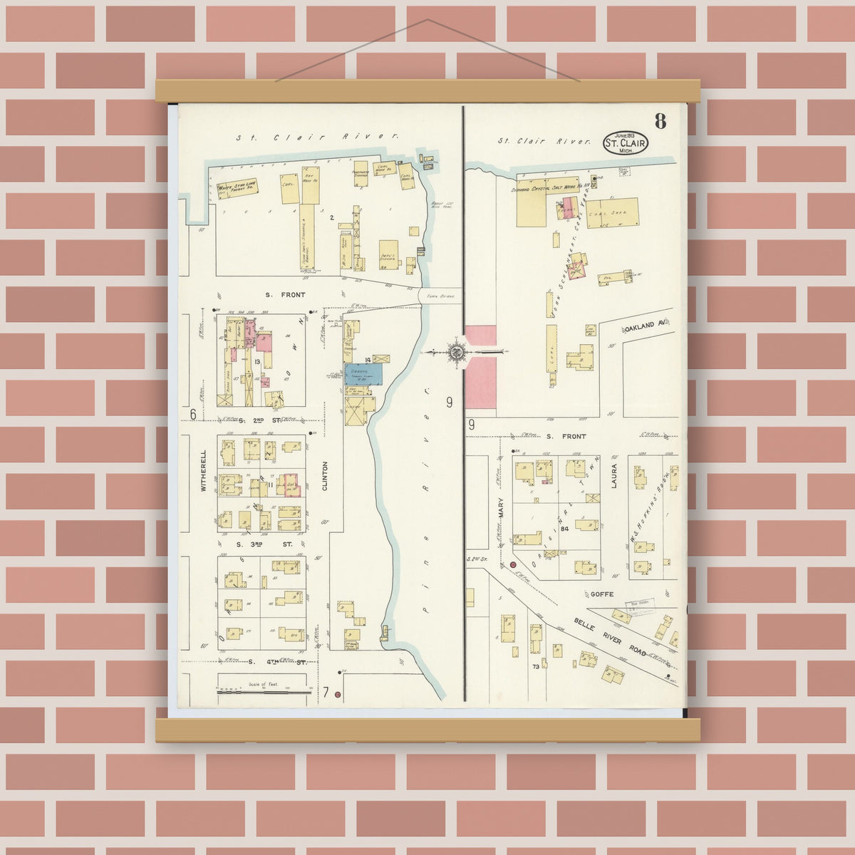 Old map wall art mockup — magnetic wood frame on brick wall — Sanborn Fire Insurance Map from Saint Clair, Saint Clair County, Michigan (1913), Sheet #0008