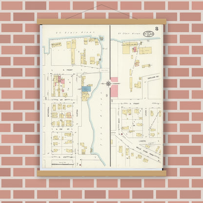 Old map wall art mockup — magnetic wood frame on brick wall — Sanborn Fire Insurance Map from Saint Clair, Saint Clair County, Michigan (1913), Sheet #0008
