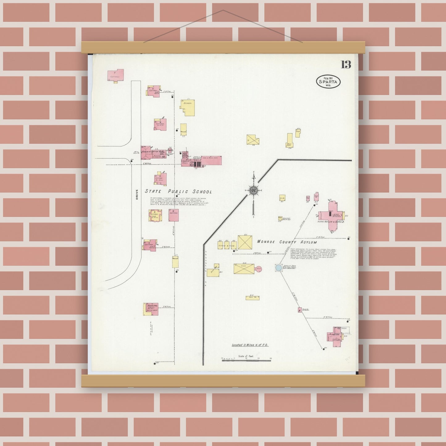 Old map wall art mockup — magnetic wood frame on brick wall — Sanborn Fire Insurance Map from Sparta, Monroe County, Wisconsin (1911), Sheet #0013