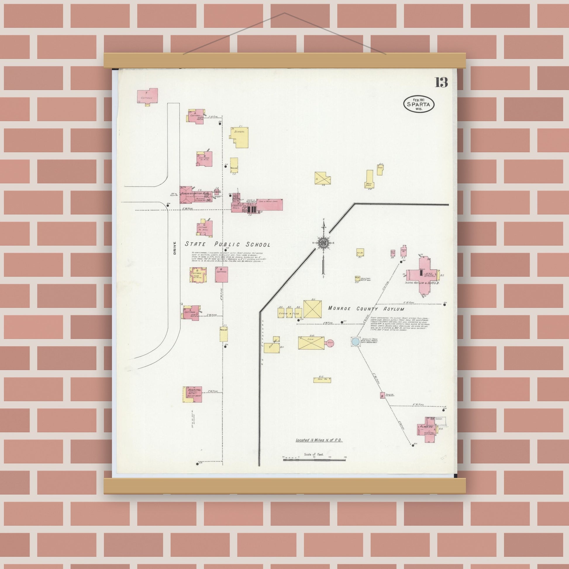 Old map wall art mockup — magnetic wood frame on brick wall — Sanborn Fire Insurance Map from Sparta, Monroe County, Wisconsin (1911), Sheet #0013