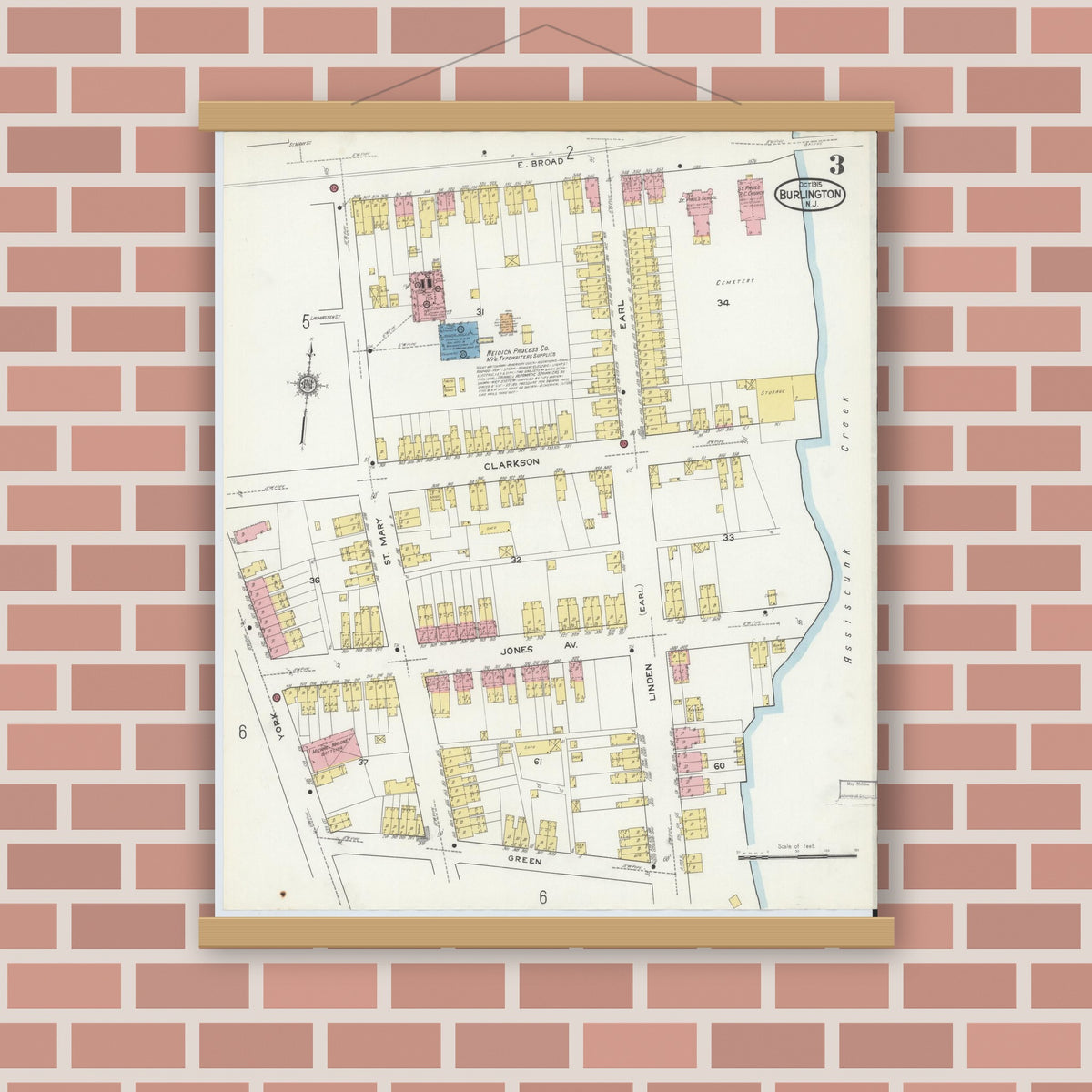 Old map wall art mockup — magnetic wood frame on brick wall — Sanborn Fire Insurance Map from Burlington, Burlington County, New Jersey (1915), Sheet #0003