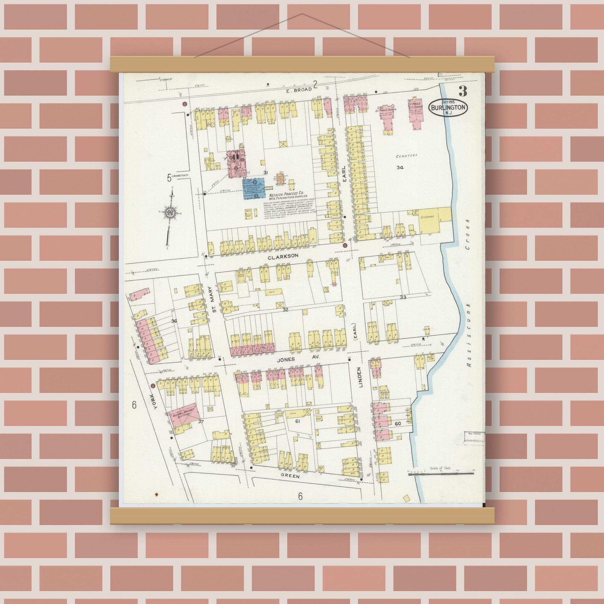 Old map wall art mockup — magnetic wood frame on brick wall — Sanborn Fire Insurance Map from Burlington, Burlington County, New Jersey (1915), Sheet #0003