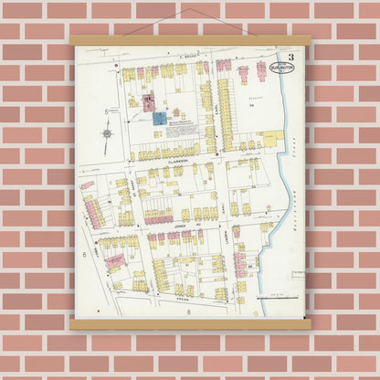 Old map wall art mockup — magnetic wood frame on brick wall — Sanborn Fire Insurance Map from Burlington, Burlington County, New Jersey (1915), Sheet #0003
