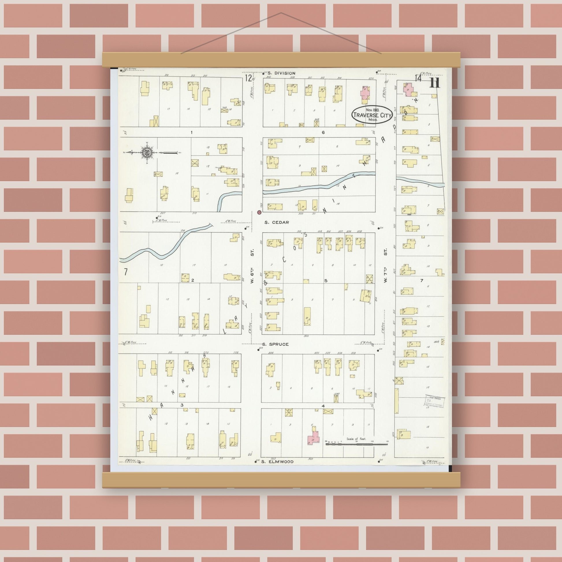 Old map wall art mockup — magnetic wood frame on brick wall — Sanborn Fire Insurance Map from Traverse City, Grand Traverse County, Michigan (1910), Sheet #0011