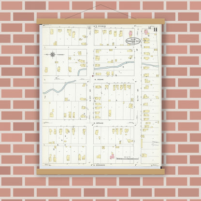 Old map wall art mockup — magnetic wood frame on brick wall — Sanborn Fire Insurance Map from Traverse City, Grand Traverse County, Michigan (1910), Sheet #0011