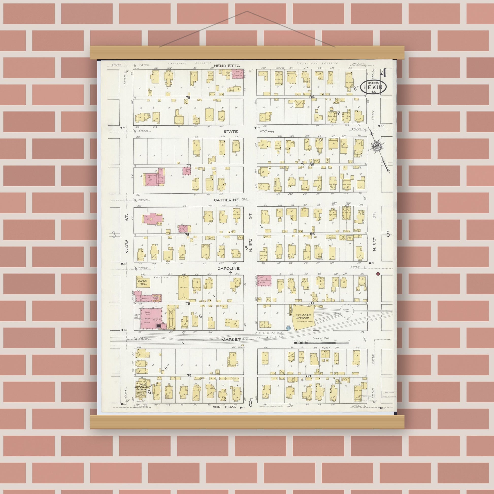 Old map wall art mockup — magnetic wood frame on brick wall — Sanborn Fire Insurance Map from Pekin, Tazewell County, Illinois (1916), Sheet #0004