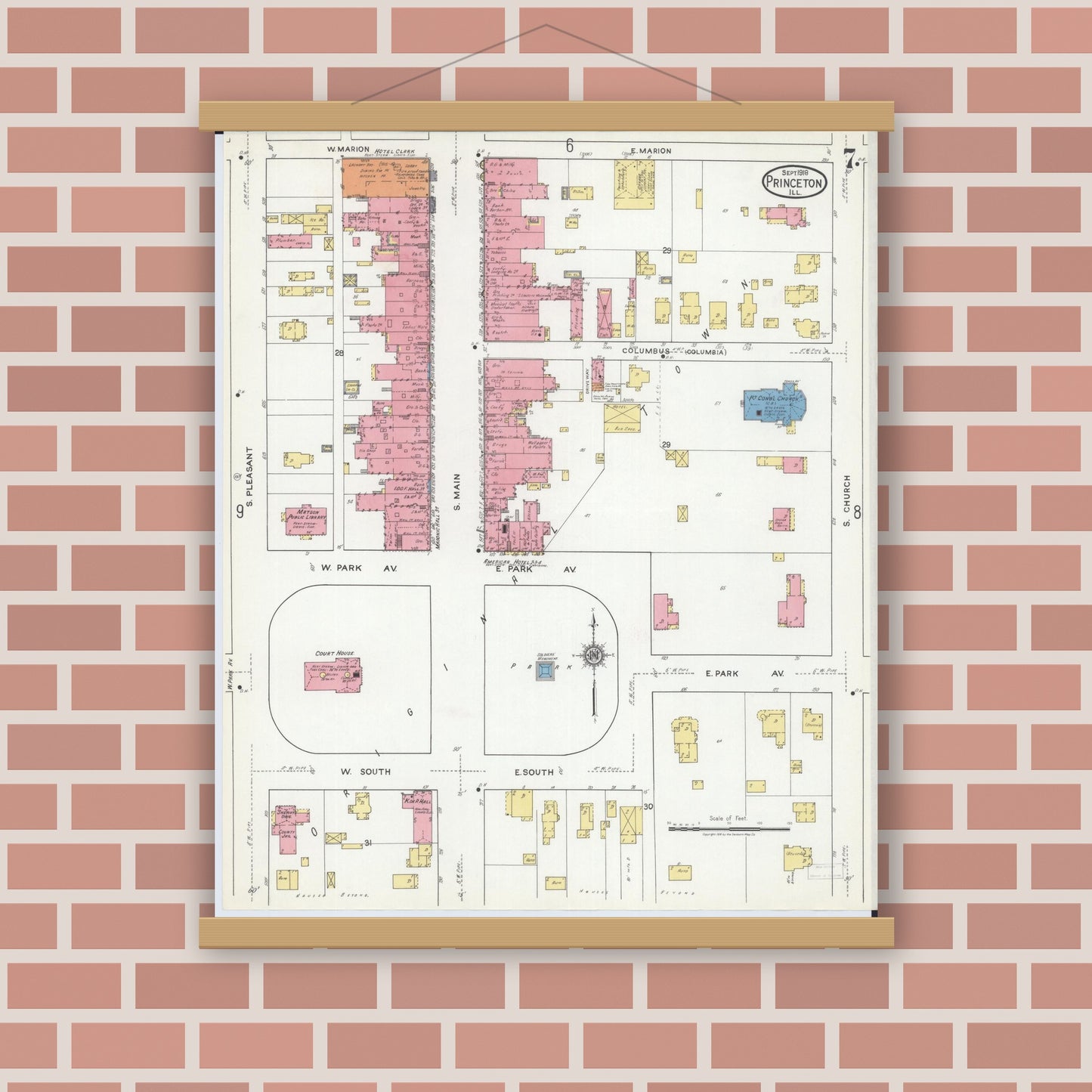 Old map wall art mockup — magnetic wood frame on brick wall — Sanborn Fire Insurance Map from Princeton, Bureau County, Illinois (1918), Sheet #0007