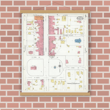 Old map wall art mockup — magnetic wood frame on brick wall — Sanborn Fire Insurance Map from Princeton, Bureau County, Illinois (1918), Sheet #0007