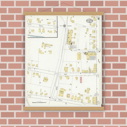 Old map wall art mockup — magnetic wood frame on brick wall — Sanborn Fire Insurance Map from Hudson, Middlesex County, Massachusetts (1916), Sheet #0004