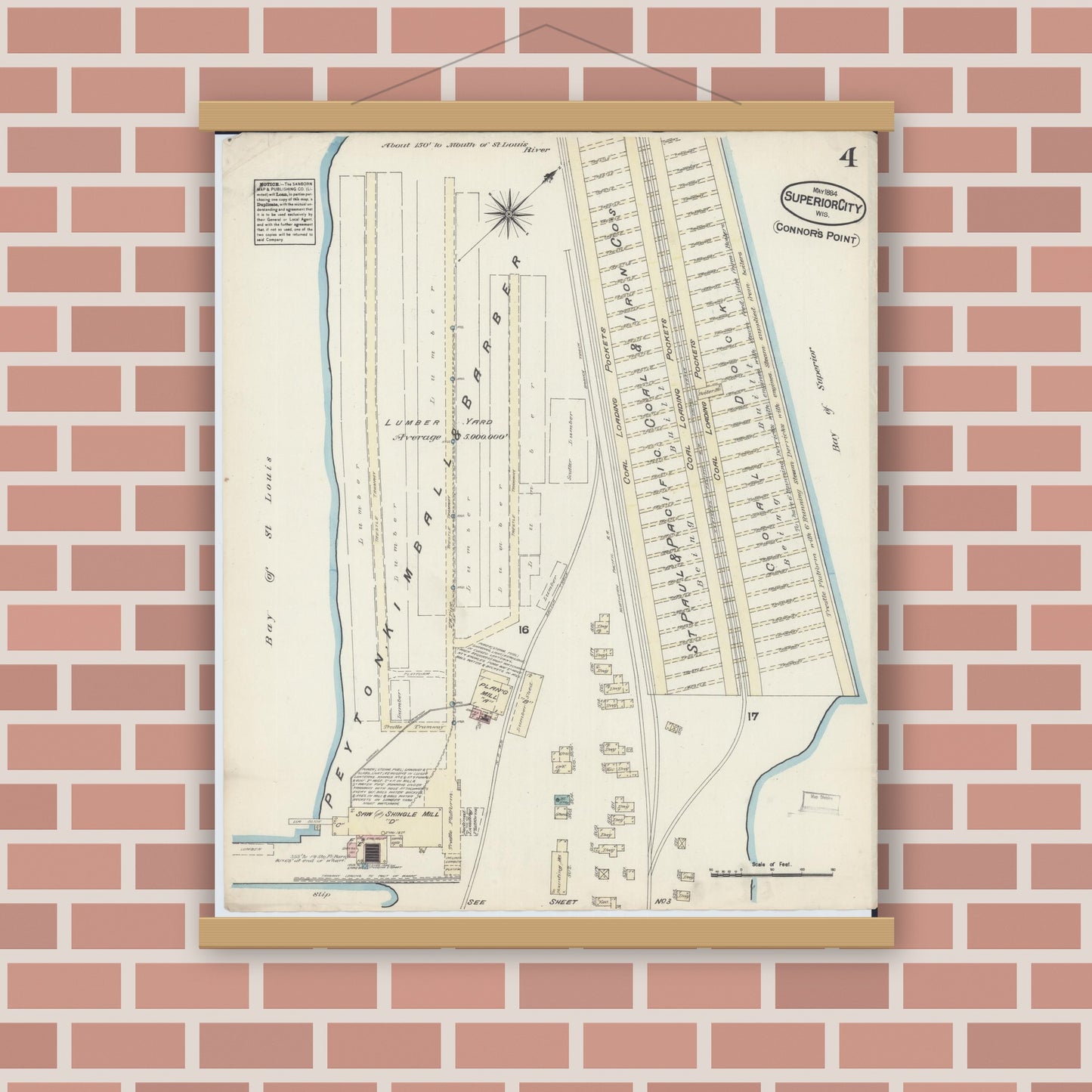 Old map wall art mockup — magnetic wood frame on brick wall — Sanborn Fire Insurance Map from Superior, Douglas County, Wisconsin (1884), Sheet #0004