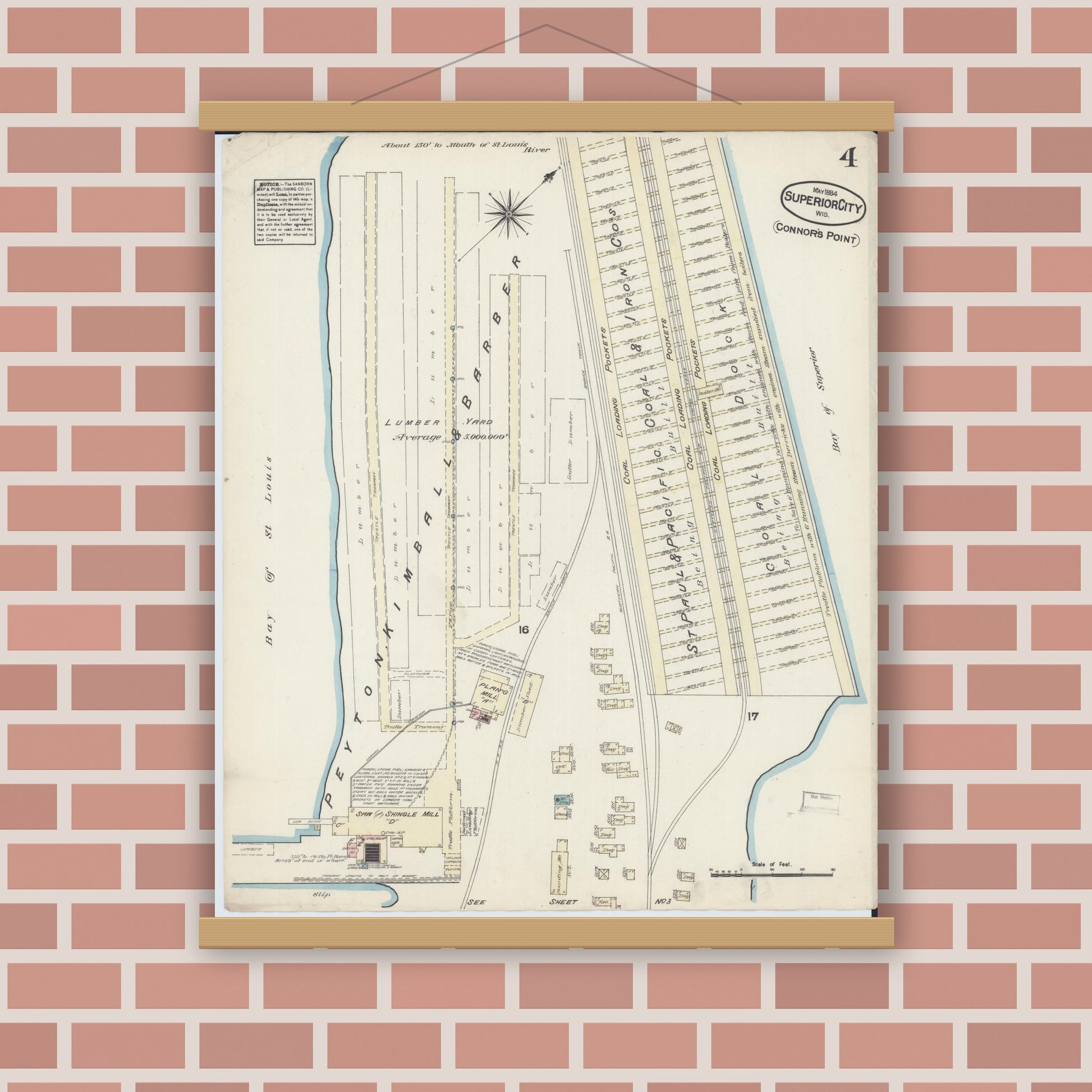 Old map wall art mockup — magnetic wood frame on brick wall — Sanborn Fire Insurance Map from Superior, Douglas County, Wisconsin (1884), Sheet #0004