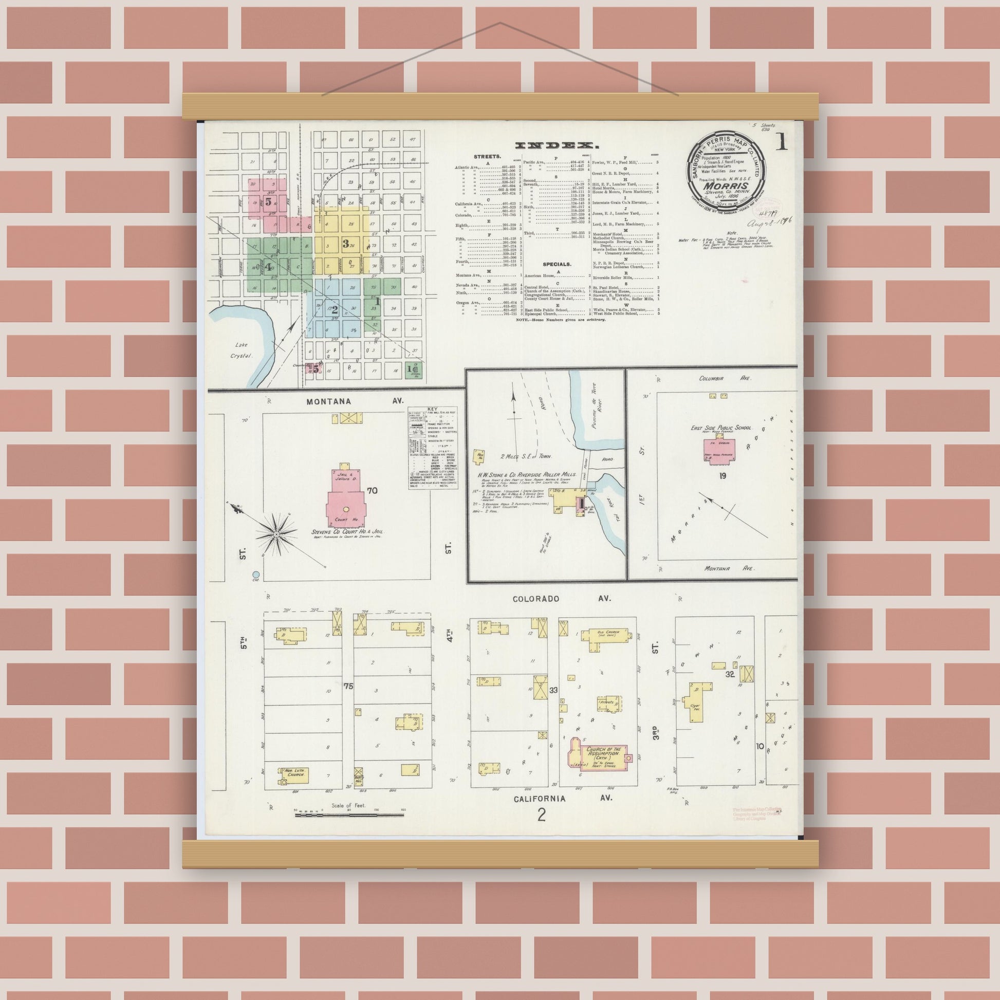 Old map wall art mockup — magnetic wood frame on brick wall — Sanborn Fire Insurance Map from Morris, Stevens County, Minnesota (1896), Sheet #0001