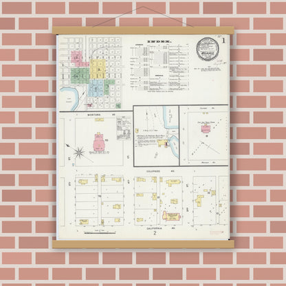 Old map wall art mockup — magnetic wood frame on brick wall — Sanborn Fire Insurance Map from Morris, Stevens County, Minnesota (1896), Sheet #0001