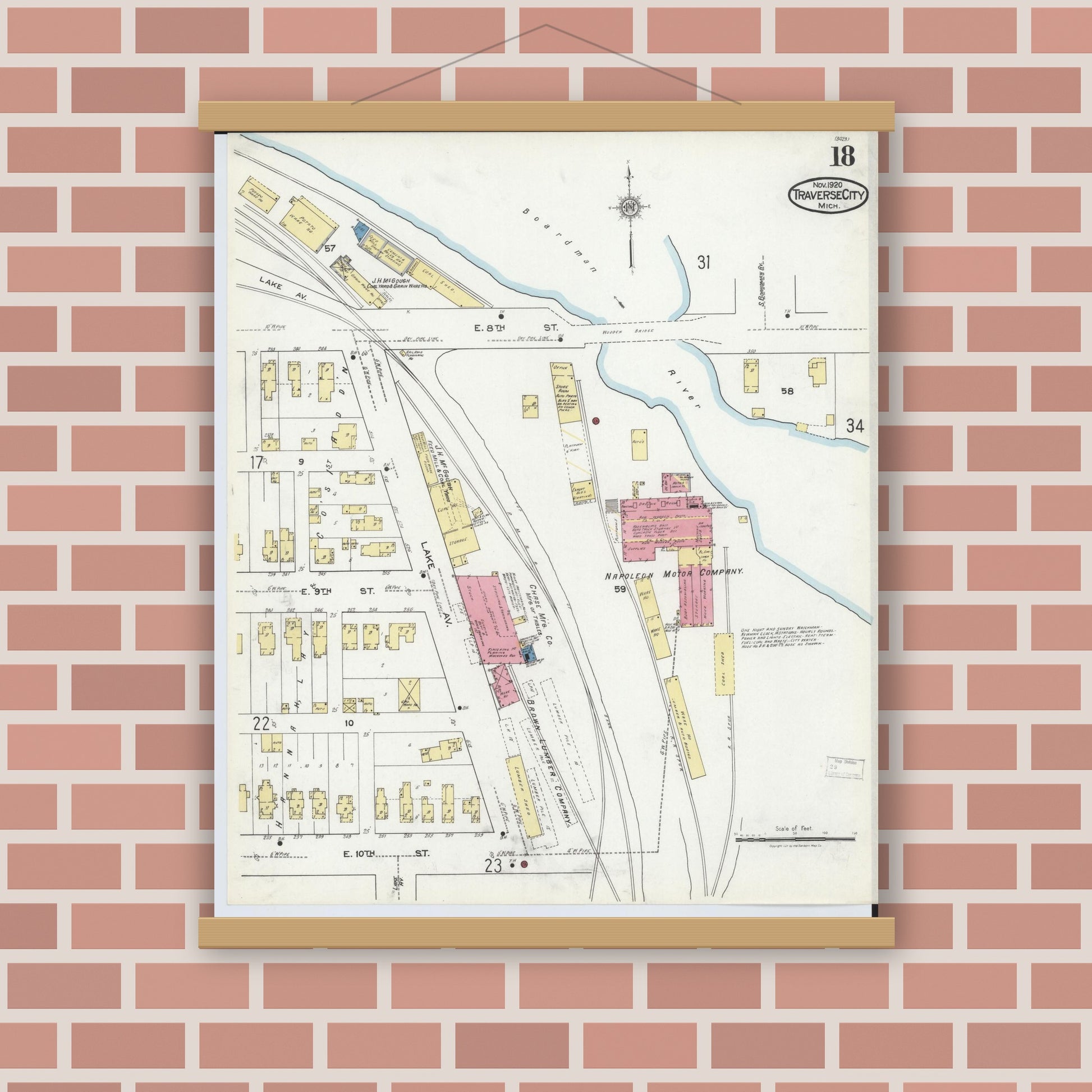 Old map wall art mockup — magnetic wood frame on brick wall — Sanborn Fire Insurance Map from Traverse City, Grand Traverse County, Michigan (1920), Sheet #0018