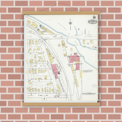 Old map wall art mockup — magnetic wood frame on brick wall — Sanborn Fire Insurance Map from Traverse City, Grand Traverse County, Michigan (1920), Sheet #0018