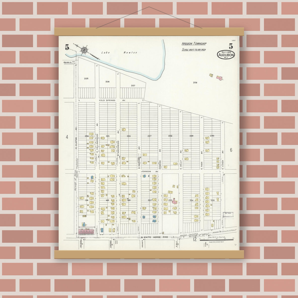 Old map wall art mockup — magnetic wood frame on brick wall — Sanborn Fire Insurance Map from Audubon, Camden County, New Jersey (1924), Sheet #0005