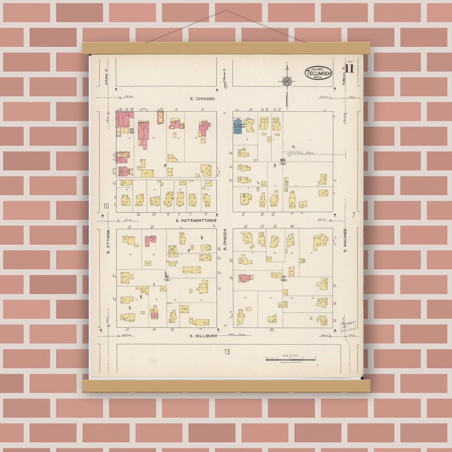 Old map wall art mockup — magnetic wood frame on brick wall — Sanborn Fire Insurance Map from Tecumseh, Lenawee County, Michigan (1922), Sheet #0011