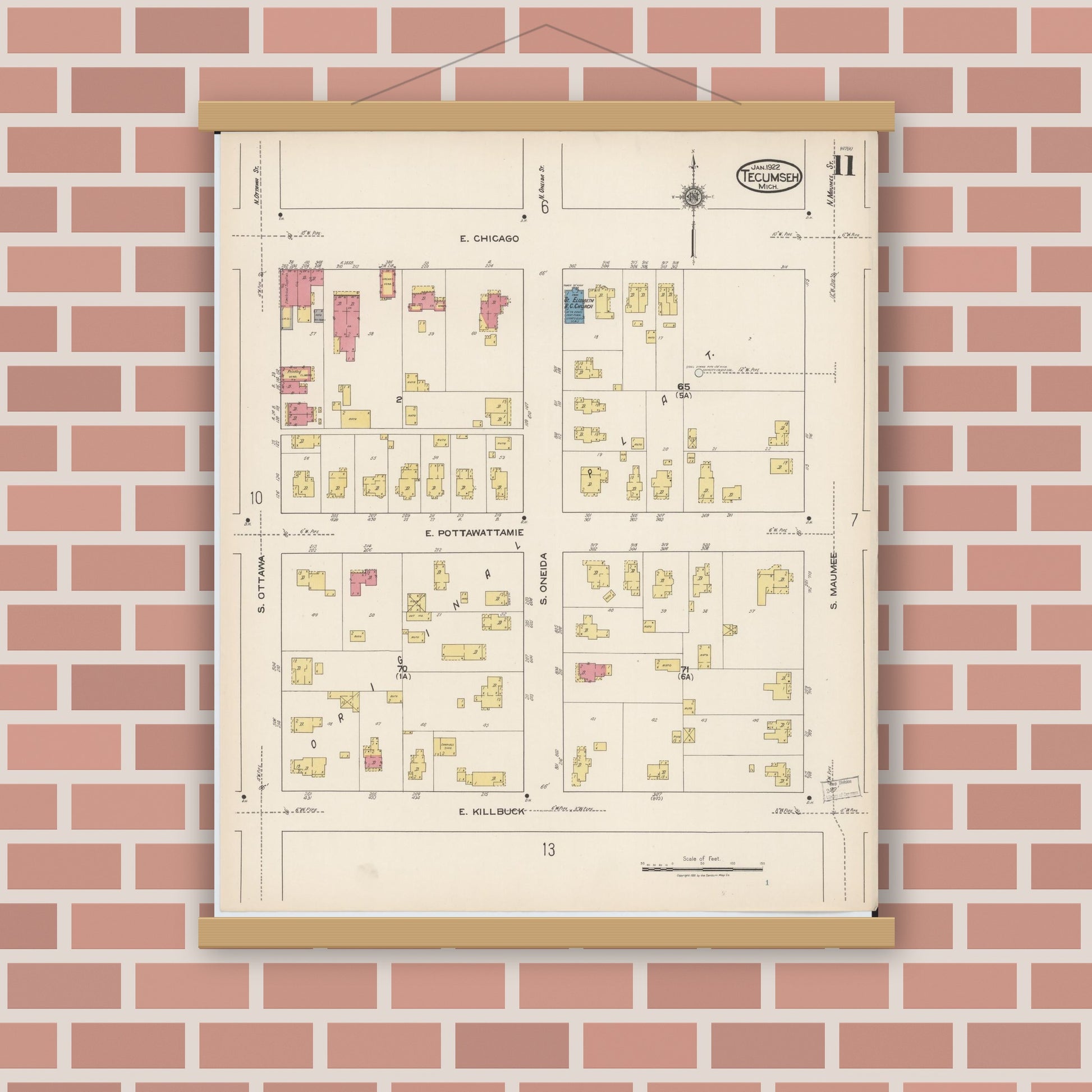 Old map wall art mockup — magnetic wood frame on brick wall — Sanborn Fire Insurance Map from Tecumseh, Lenawee County, Michigan (1922), Sheet #0011