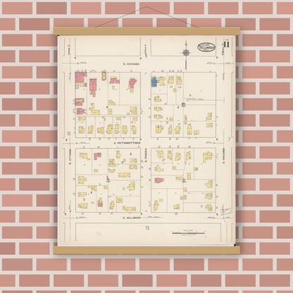Old map wall art mockup — magnetic wood frame on brick wall — Sanborn Fire Insurance Map from Tecumseh, Lenawee County, Michigan (1922), Sheet #0011