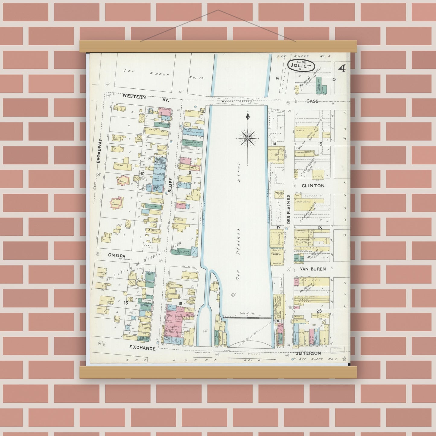 Old map wall art mockup — magnetic wood frame on brick wall — Sanborn Fire Insurance Map from Joliet, Will County, Illinois (1891), Sheet #0004