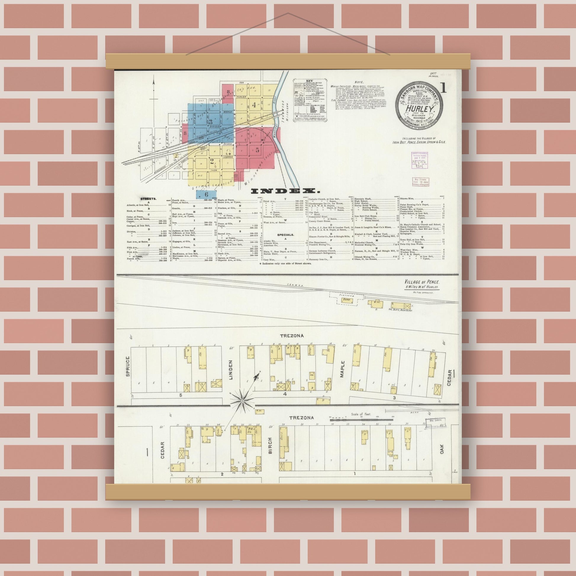 Old map wall art mockup — magnetic wood frame on brick wall — Sanborn Fire Insurance Map from Hurley, Iron County, Wisconsin (1905), Sheet #0001