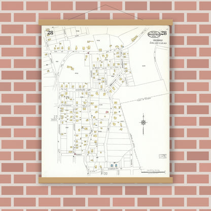 Old map wall art mockup — magnetic wood frame on brick wall — Sanborn Fire Insurance Map from Wakefield, Middlesex County, Massachusetts (1923), Sheet #0028