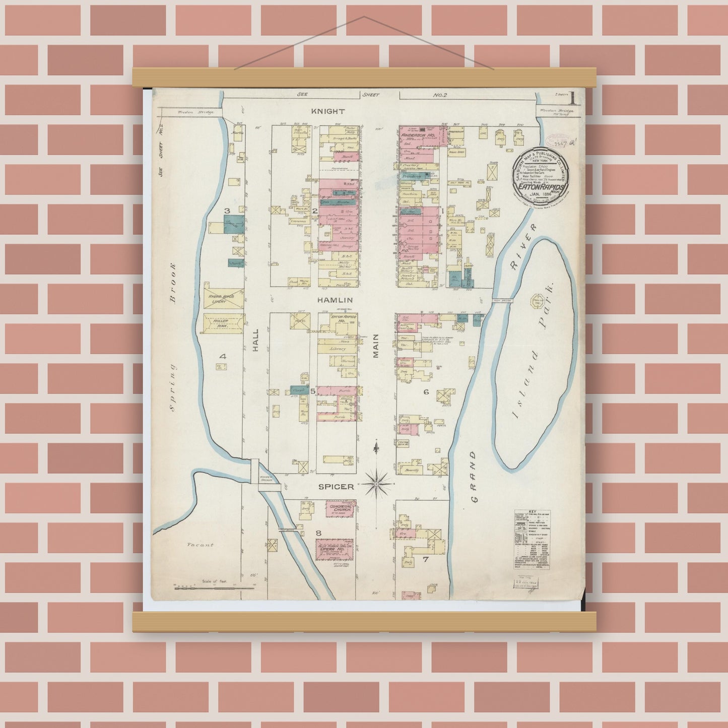 Old map wall art mockup — magnetic wood frame on brick wall — Sanborn Fire Insurance Map from Eaton Rapids, Eaton County, Michigan (1886), Sheet #0001