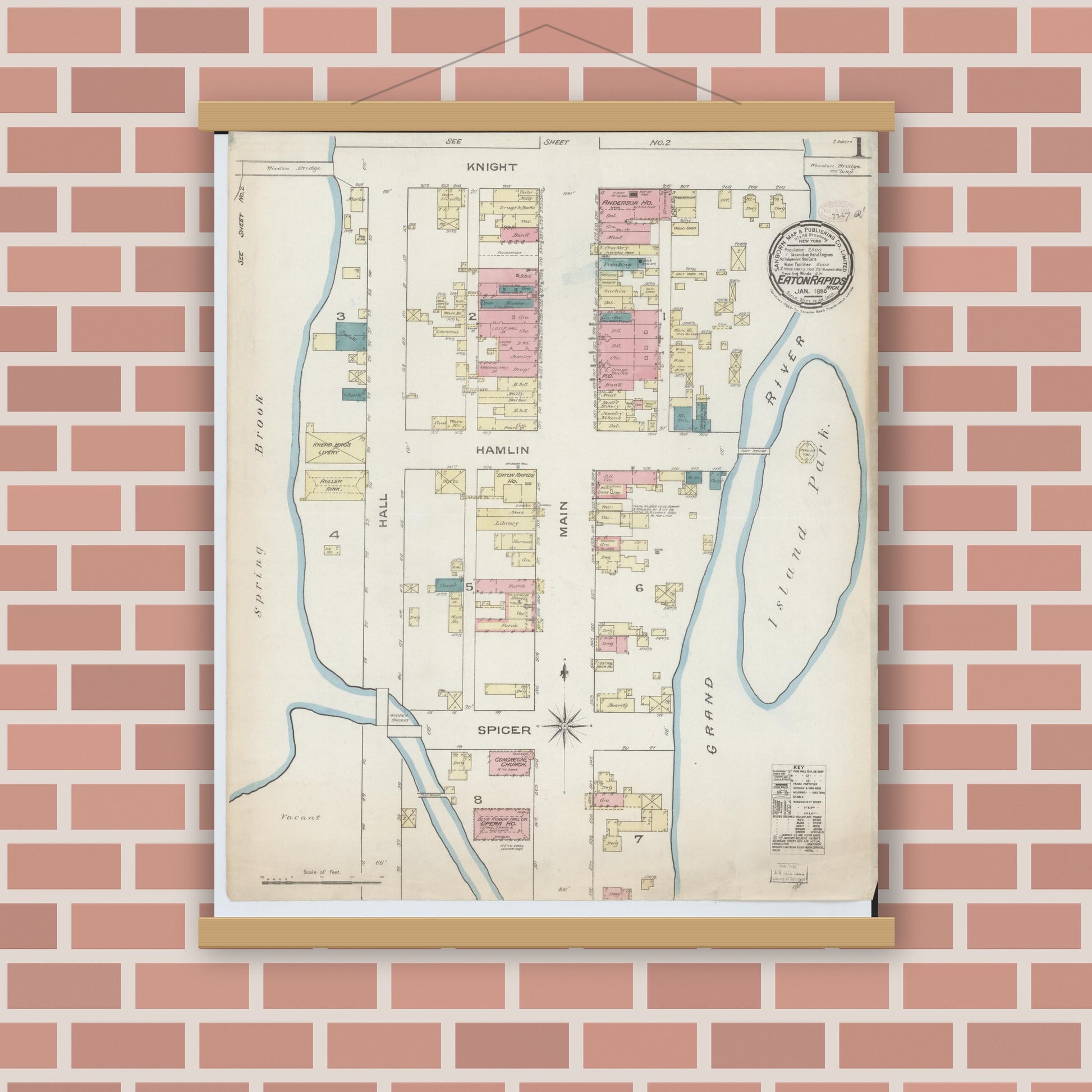 Old map wall art mockup — magnetic wood frame on brick wall — Sanborn Fire Insurance Map from Eaton Rapids, Eaton County, Michigan (1886), Sheet #0001