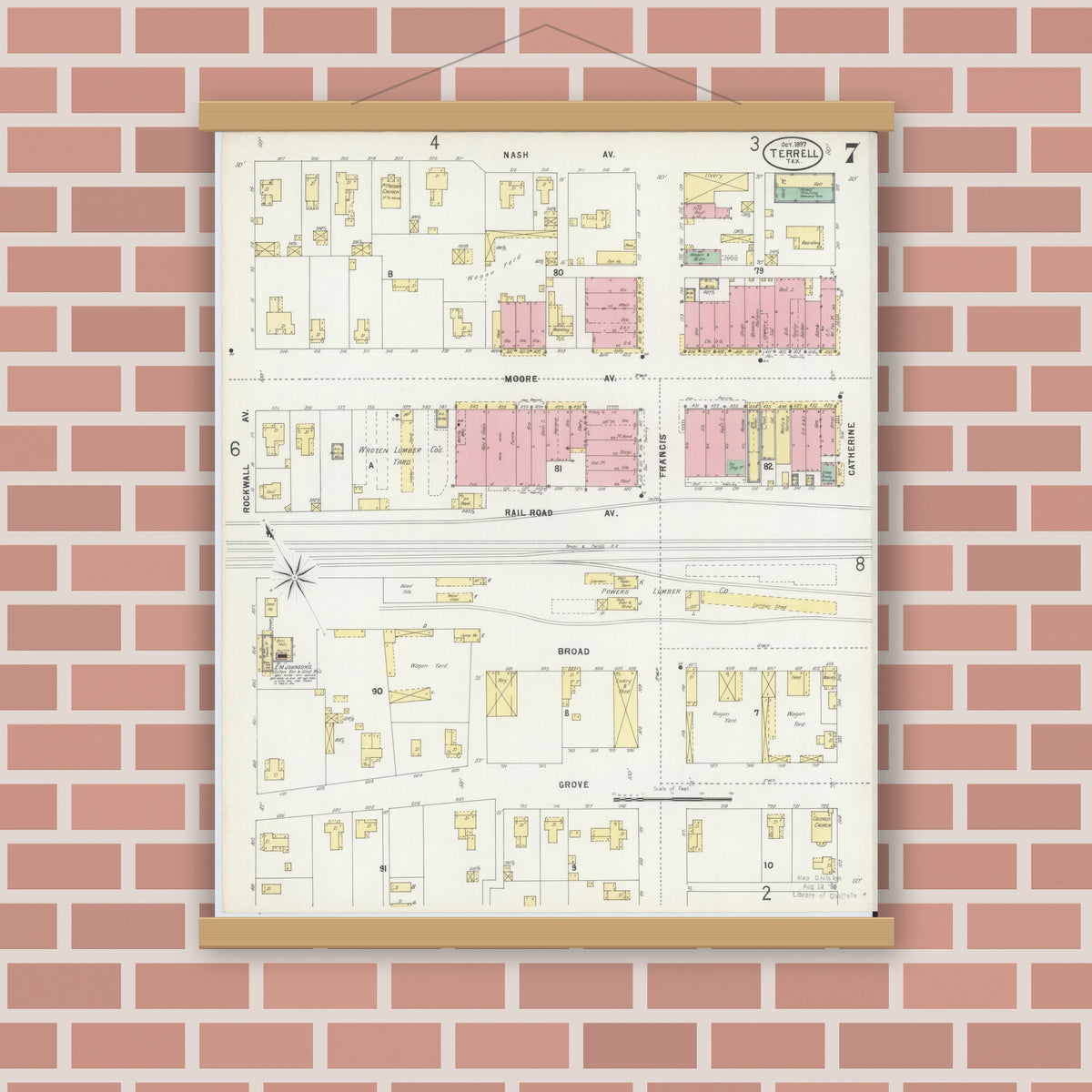 Old map wall art mockup — magnetic wood frame on brick wall — Sanborn Fire Insurance Map from Terrell, Kaufman County, Texas (1897), Sheet #0007