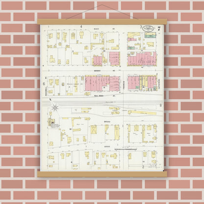 Old map wall art mockup — magnetic wood frame on brick wall — Sanborn Fire Insurance Map from Terrell, Kaufman County, Texas (1897), Sheet #0007