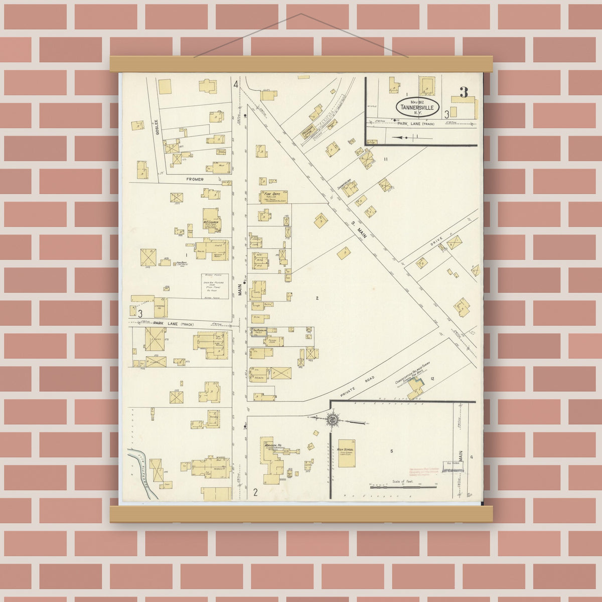 Old map wall art mockup — magnetic wood frame on brick wall — Sanborn Fire Insurance Map from Tannersville, Greene County, New York (1912), Sheet #0003