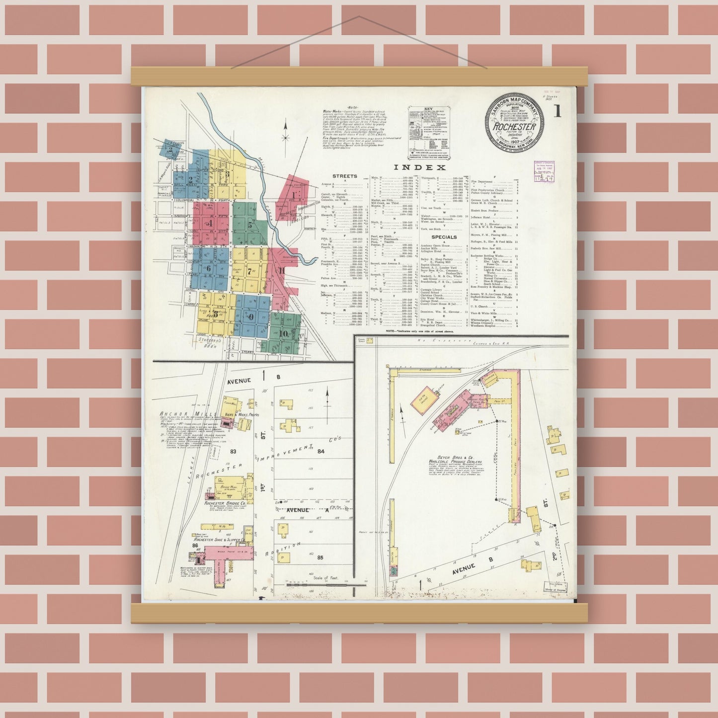 Old map wall art mockup — magnetic wood frame on brick wall — Sanborn Fire Insurance Map from Rochester, Fulton County, Indiana (1907), Sheet #0001