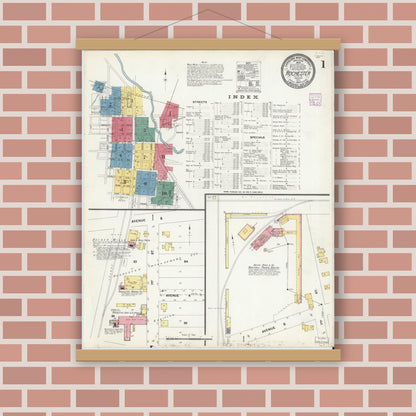 Old map wall art mockup — magnetic wood frame on brick wall — Sanborn Fire Insurance Map from Rochester, Fulton County, Indiana (1907), Sheet #0001
