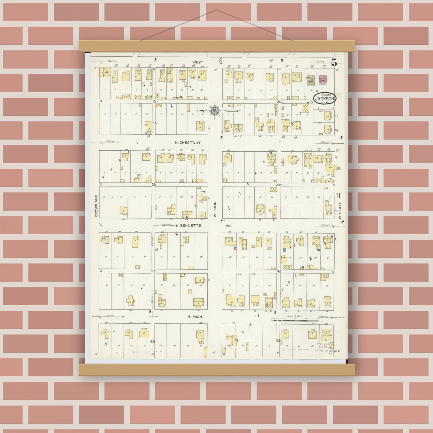 Old map wall art mockup — magnetic wood frame on brick wall — Sanborn Fire Insurance Map from Jackson, Jackson County, Ohio (1914), Sheet #0005